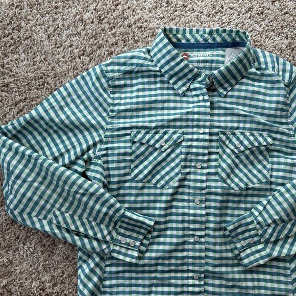 Simms Fishing Guide Series Pearl Snap LS Shirt Green Plaid Women’s Size Small - Picture 2 of 7
